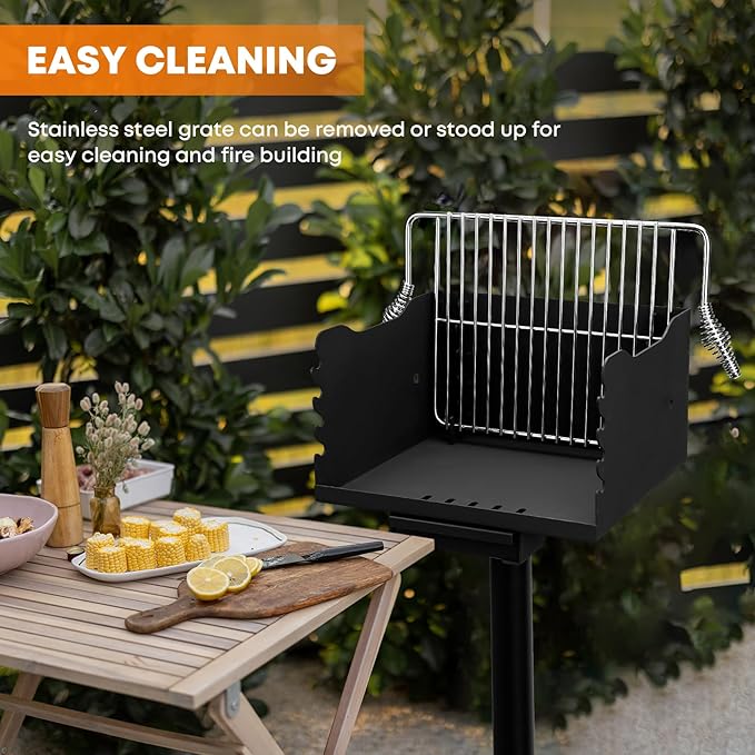 Stanbroil Charcoal Barbecue Grill for Outdoor, Heavy Duty Steel Park BBQ Grill with Stainless Steel Cooking Grate and Above/In Ground Post for Camping and Backyard