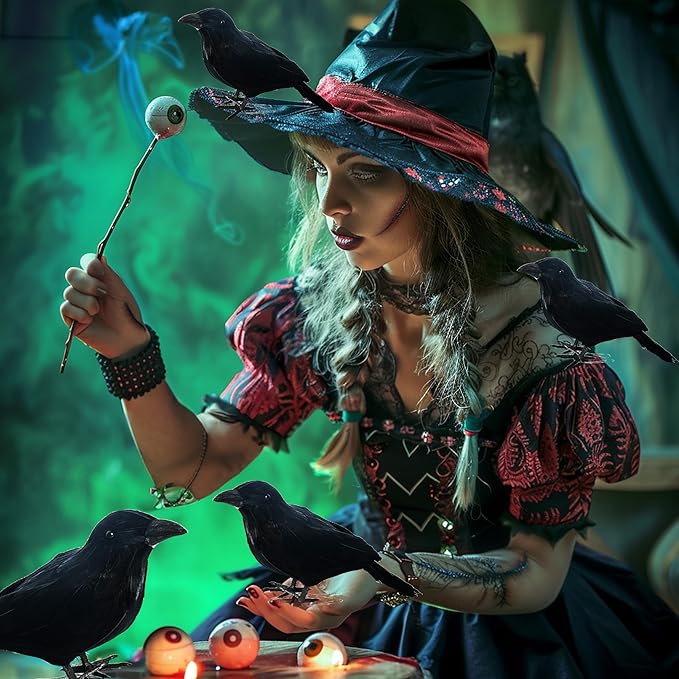 NEROSUN 6 Pack Halloween Black Feathered Crows, 5.7" & 8.7" Realistic Feathered Black Birds Raven, Halloween Decoration for Indoor Outdoor Home Yard Garden Party Decor