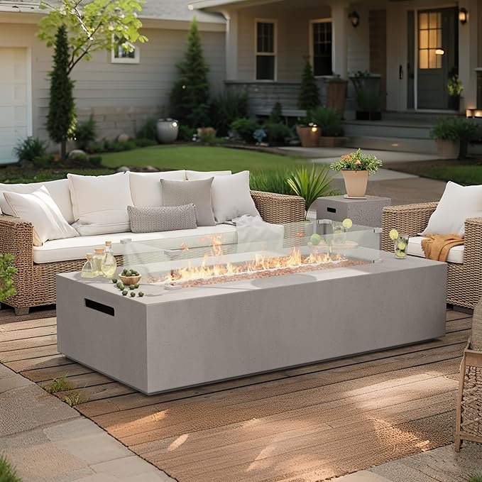 3-Piece Outdoor Propane Fire Pit Table Set – Premium Marble-Like MgO Finish, 56-Inch Gas Fire Table with Tank Table & Glass Wind Guard for Patio, Garden & Backyard, Includes Rain Cover & Lava Rocks