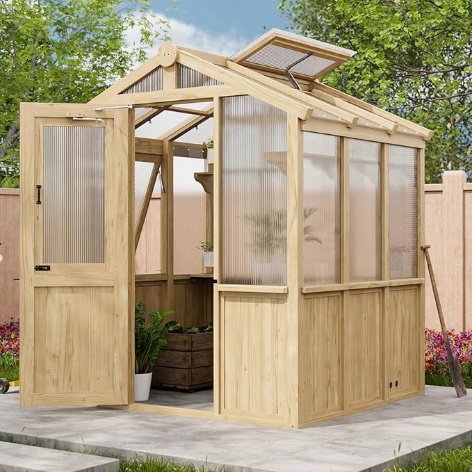 EAGLE PEAK 6.7x6x7.7 ft Wood and Polycarbonate Walk-in Greenhouse, Cedar Hobby Green House with Roof Vent, Natural