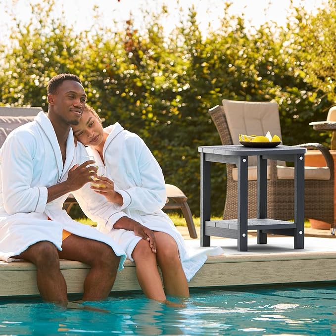 2-Tier Outdoor Side Table, 16" Adirondack Small Side Table All Weather Resistant, Patio End Table for Outside or Indoor, Patio, Yard, Pool, Porch, Garden, Grey