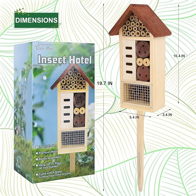 Lulu Home Wooden Insect House with Stake, Hanging & Inserting Two Mount Ways Insect Hotel for Bee, Butterfly, Ladybirds, Beneficial Insect Habitat, Bug Hotel Garden, 19.7 X 3.4 X 5.4 Inch