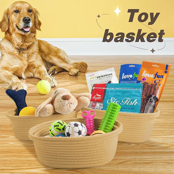 Pro Goleem Small Woven Basket with Gift Bags and Ribbons Durable Baskets for Gifts Empty Small Rope Basket for Storage 12"X 8" X 5" Baby Toy Basket with Handles, Khaki
