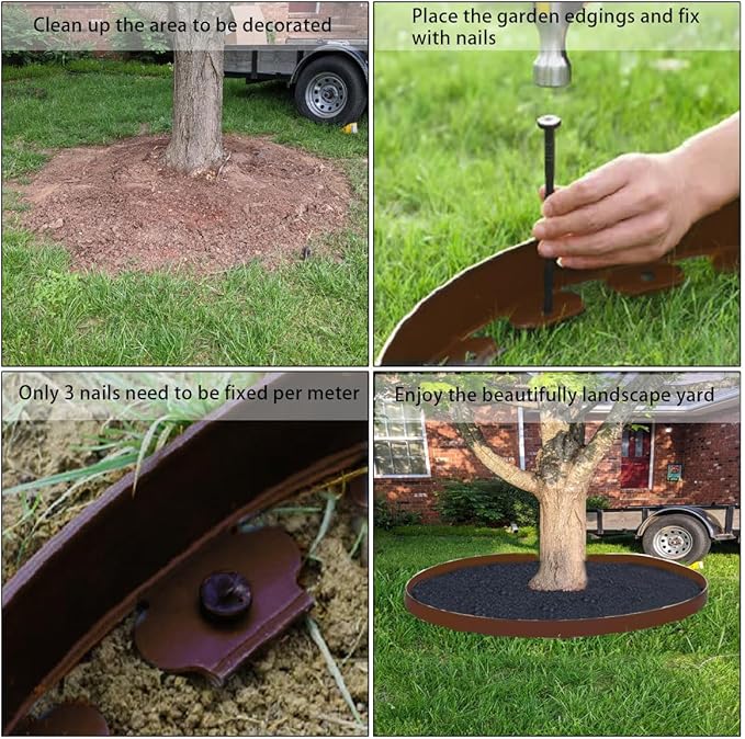 33FT Landscape Edging, 4 in Tall Garden Edging Borders,Flexible Lawn Edging with 30 Spikes,Plastic Edging Border for Garden, Flower Beds, Pavement-Brown