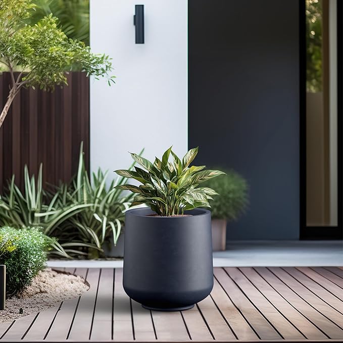 Kante 15.3" Dia Round Concrete Planter, Outdoor Indoor Large Plant Pots Containers with Drainage Hole and Rubber Plug for Home Garden Patio, Dark Gray
