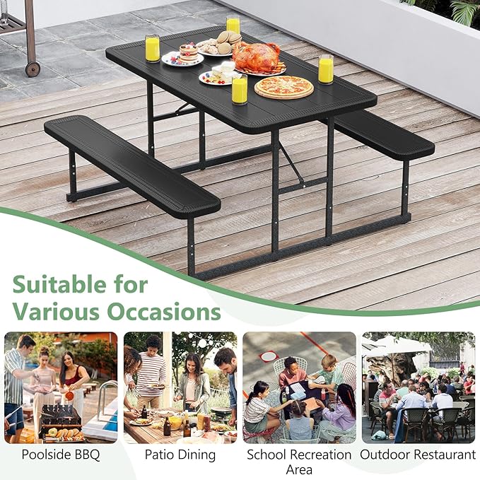 Tangkula Picnic Table, HDPE Outdoor Rectangular Table Bench Set with 2 Built-in Benches, Umbrella Hole, Metal Frame for 4 Person, Garden Yard Patio Lawn