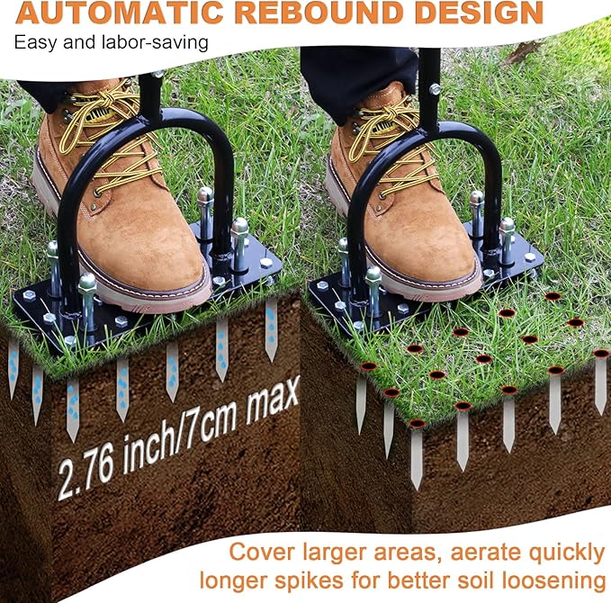 GAINO Lawn Aerator & Aerator Lawn Tool - Manual Yard Aerator for Lawn with 15 Spikes, Automatic Dirt and Leaf Clean Design, Adjustable T-Handle, Pre-Assembled Lawn Aerator Tools (Black + Orange)