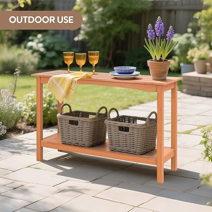 Outdoor Console Table, 48'' 2-Shelf SideTable Indoor/Outdoor Use, Multifunctional Buffet Table Bar Storage Organizer for Entryway,Yard, Weatherproof HIPS Patio Plant Stand Table, Brown