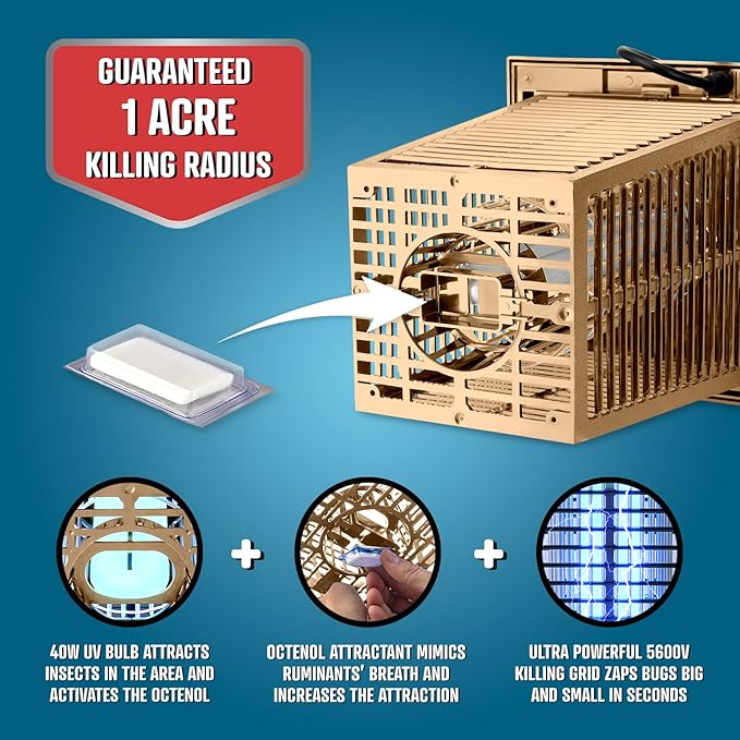 Flowtron Bug Zapper, 1 Acre of Outdoor Coverage with Powerful 40W Bulb & 5600V Instant Killing Grid, Electric Insect, Fly & Mosquito Zapper, Made in The USA - Tan Color