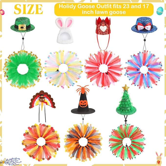7 Set Holiday Porch Goose Outfits St. Patrick Easter 4th of July Halloween Thanksgiving Christmas Lawn Goose Clothing Hat and Tutu Collar Goose Outfit for 23" Goose Patio Yard Decor