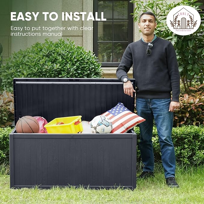 120 Gallon Outdoor Storage Box Large, Lockable Outside Containers Waterproof Patio Cushions Storage Deck Boxes, Plastic Garden Hose Boxes Resin Pool Storage Bins, Grey