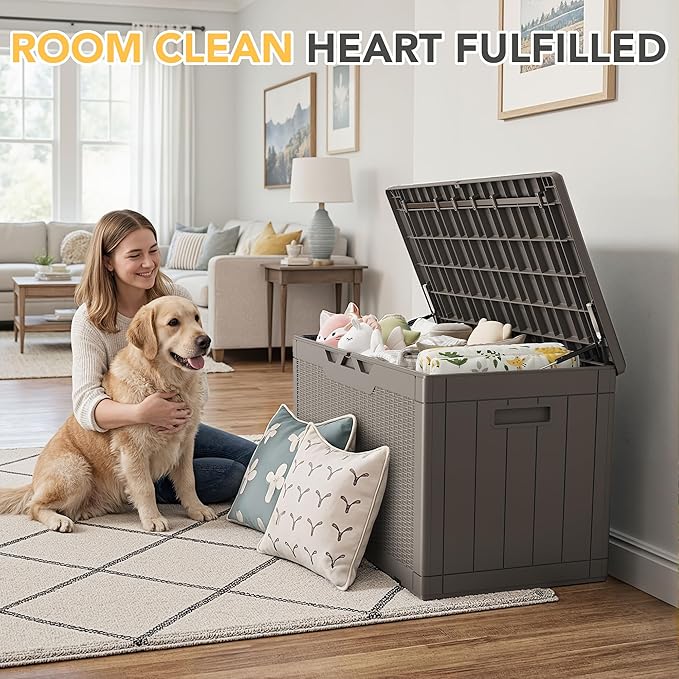 Greesum 100 Gallon Resin Deck Box Lockable Large Outdoor Storage Boxes for Garden Tools, Patio Furniture Cushions, Pool Supplies, Light Coffee