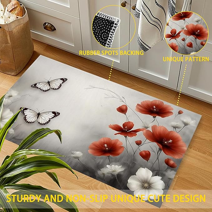 Red Poppy Flower Welcome Mat Indoor,Vintage Butterfly Floral Front Door Mat,Non-Slip Entryway Rug, Low Profile Felt Indoor Doormat for Back Door Porch Patio Entrance,30 x 17 Inch