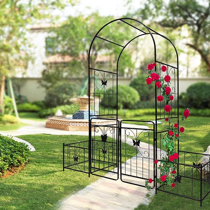 Metal Garden Arch with Gate and 2 Plant Stands, Garden Arch Trellis for Climbing Plants Outdoor, Garden Arbor for Weddings Party Events Decoration, 79.5" L X 20" W X 86.6" H, Black