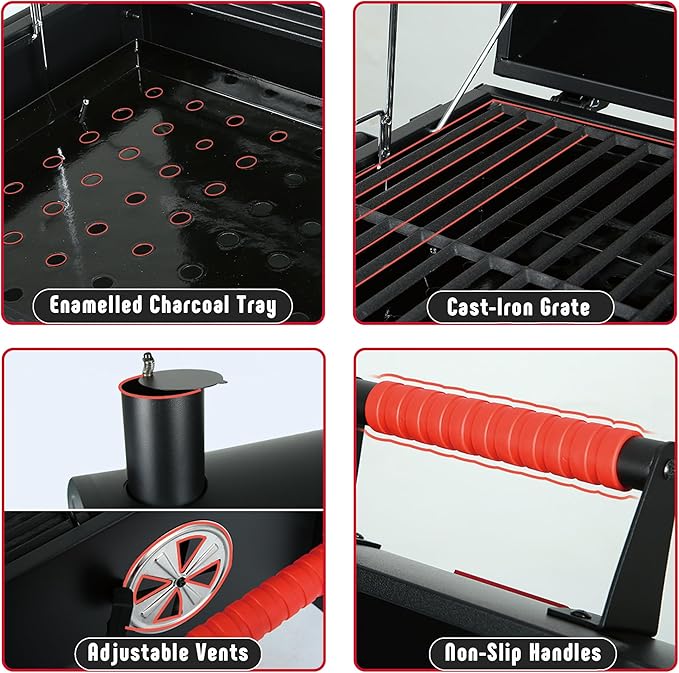 Portable Charcoal BBQ Grills with Cast Iron Grates, Tabletop Charcoal Grills with 354 Sq. In Cooking Area, for Outdoor Camping and Picnic, Black, L26.8’’x W20’’x H21.3’’