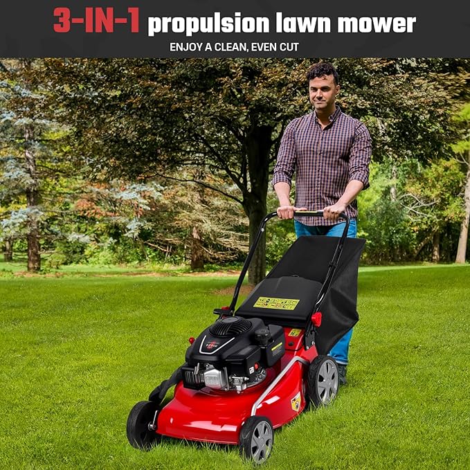 3 in 1 Gas Lawn Mower Self Propelled,131 OHV Engine with Air Cooling, 20" Steel Deck, 8-Level Height Adjustment, 50L Grass Tank, Foldable Design Red