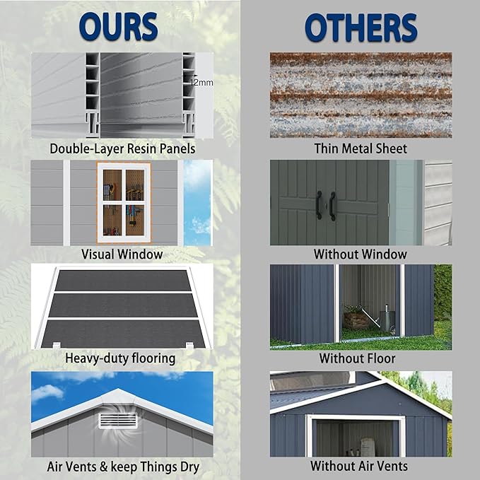 10x8 FT Resin Outdoor Storage Shed with Floor, Weather-Resistant Plastic Garden Shed with Windows, Lockable Door and Vents, Outside Tool Storage Sheds for Backyard, Garden, Patio, Lawn, Grey