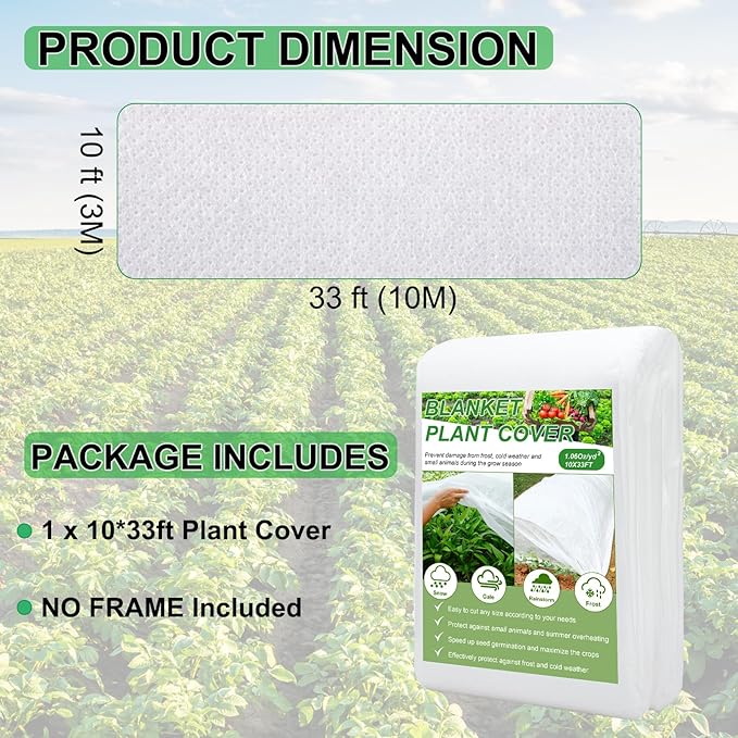 YDSL Plant Cover 10 Ft x 33 Ft Plant Covers Freeze Protection with Ultra Fine Mesh Reusable Floating Row Cover Netting for Plants Vegetables Flowers Fruits Frost Sun Protection 1.06oz/yd²