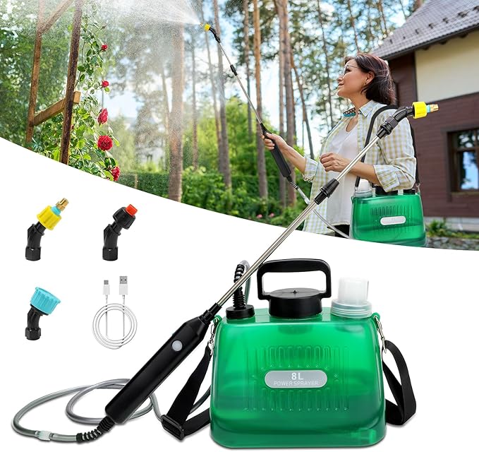 Battery Powered Garden Sprayer 2 Gallon, Upgrade Powerful Electric Sprayers with 3 Mist Nozzles, Retractable Wand, Garden Sprayers with Adjustable Shoulder Strap for Lawn,Cleaning