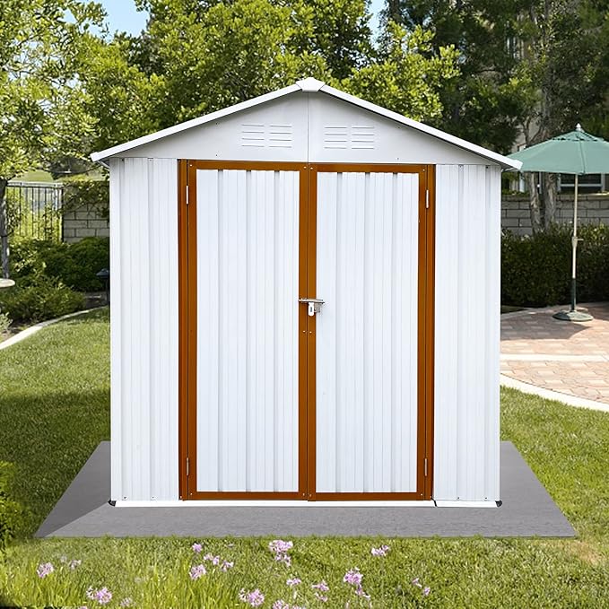 4x6 FT Outdoor Metal Storage Sheds with Apex Roof,Single-Storey Waterproof Roofed Structure Garden Shed w/Lockable Doors,for Lawn Equipment Tool Sundries,White+Yellow