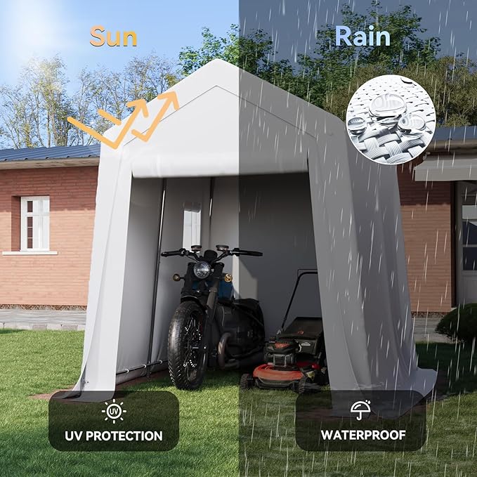 Aoxun 6x8x7 FT Outdoor Portable Storage Shed Tent with Roll-up Zipper Door and Window Portable Carport with Waterproof Tarp Galvanized Steel for Motorcycle, Generator, Bike Storage (White)