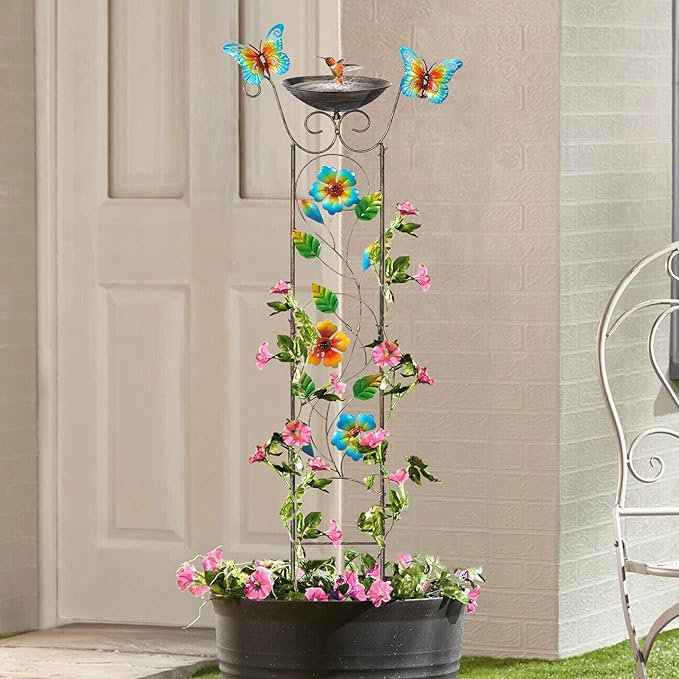 LEWIS&WAYNE Garden Trellis Bird Bath Outdoor, 40 Inch Antique Iron Garden Plant Trellis Decorative with Floral-Butterflies and Detachable Drinking Basin Bowl, Free Standing BirdBath Birdfeeder Station