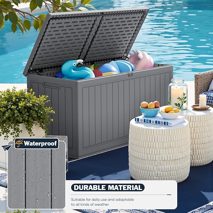 Greesum 260 Gallon HDPE Outdoor Storage Box - Waterproof, Large Capacity Deck Box with Removable Dividers for Patio, Yard, Garden Tools, Light Grey