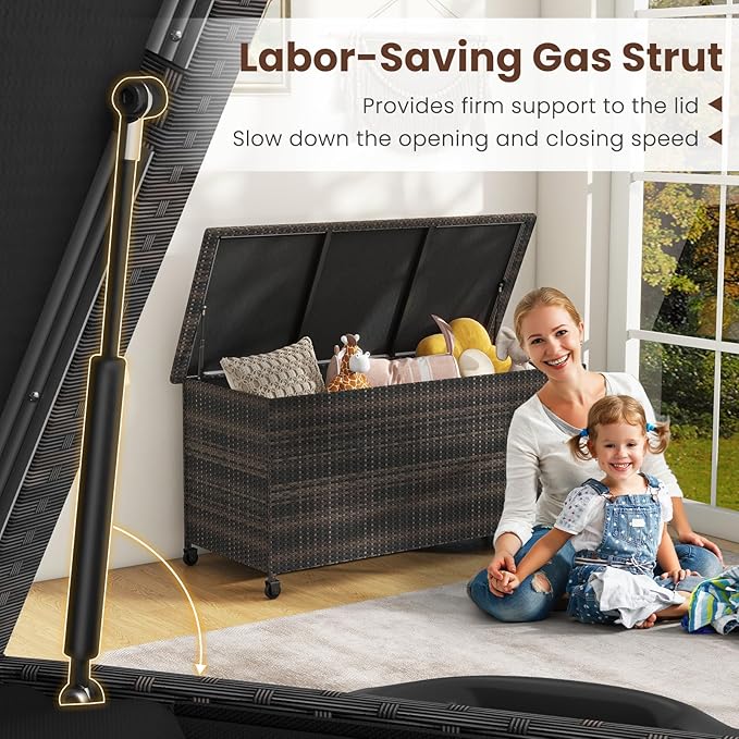 Tangkula Rattan Deck Box, 85 Gallon Storage Container with Waterproof Liner, Wheels & Gas Strut, Indoor Outdoor Wicker Storage Cabinet, Storage Furniture for Pillows, Cushions (Brown)