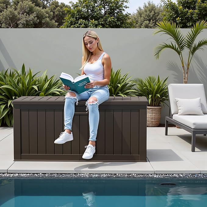 Flamaker Resin Deck Box 250 Gallon, Waterproof Imitation-Wood Lockable Storage Box with Separator Plate Outdoor Indoor, Garden, Patio Furniture for Tools&Pool Accessories (Deep Brown)