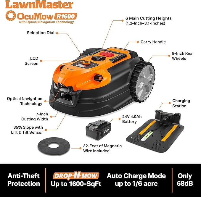 LawnMaster OcuMow™ VBRM701YAMIDR Perimeter Wire Free Robot Lawn Mower Cuts 1/6 Acre Optical Navigation,Obstacle Avoidance Auto-Charging Station, No Go Function, WiFi & Bluetooth Connection APP Control
