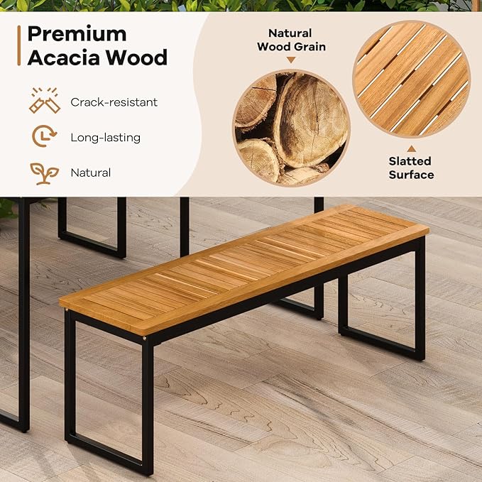 Tangkula 3 Pieces Outdoor Dining Set for 6 People, 55 inch Rectangle Patio Table & 2 Benches with Acacia Wood Tabletop, Metal Frame & Umbrella Hole, Dining Furniture for Yard, Garden, Poolside