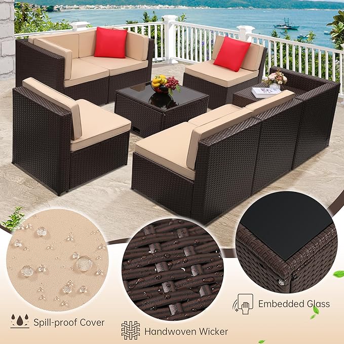 8 Pieces Outdoor Wicker Rattan Patio Furniture Sectional Set, Glass Top Table with Hidden Storage, 7 Sofa Sections, Oversized Cushions, Brown Color Rattan with Beige Cushion