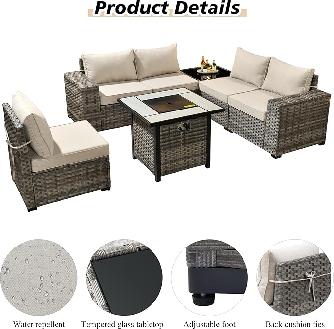 HOOOWOOO Modular Patio Outdoor Sectional Furniture Set with Gas Propane Fire Pit Table,7 Piece Wicker Conversation Sofa Set,Out Door Couch Set with Wide Arm Outside(Beige)