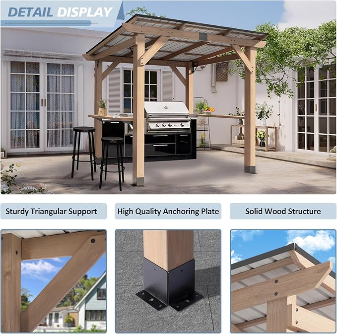 CHARMELEON 6'x8' Wood Grill Gazebo, Cedar Wood BBQ Grill Gazebo with 2 Side Storage Shelves, Pavilion with Hardtop Sloping Steel Roof for Outdoor, Patio, Barbecue, Garden, Deck