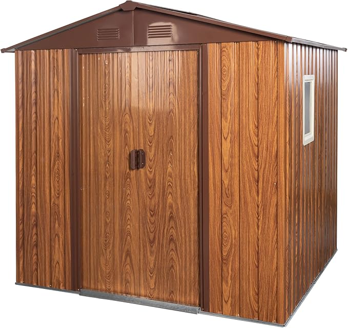 6x6 FT Outdoor Storage Shed, Metal Garden Shed with Frame Floor, Outside Tool Shed with Window, Waterproof Storage Building with Lockable Sliding Doors & Sloped Roof for Backyard, Patio, Coffee