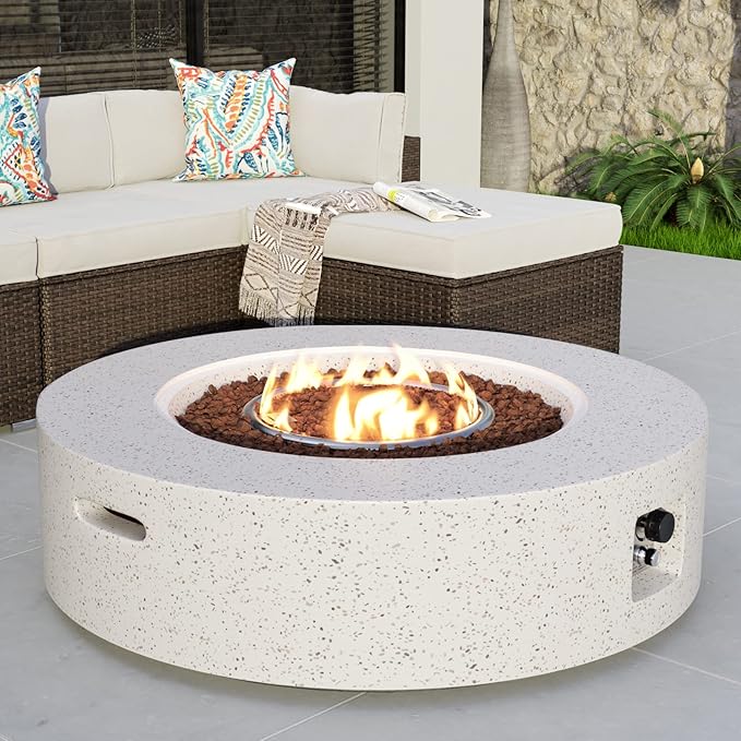COSIEST 42 inch Outdoor Propane Fire Pit Coffee Table w Concrete Round Base Patio Heater, 50,000 BTU Stainless Steel Burner, Free Lava Rocks, Rain Cover