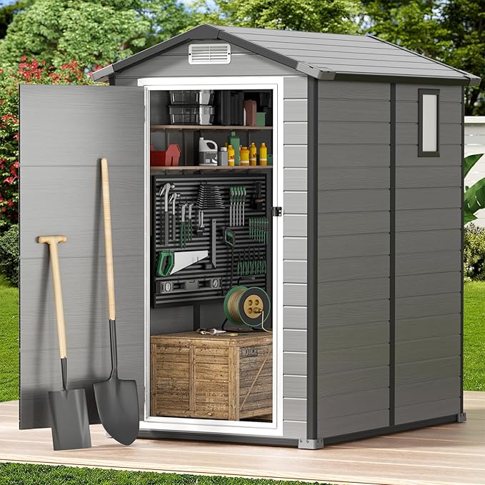 GVDV 4×6 FT Outdoor Resin Plastic Storage Shed with Reinforced Floor, All-Weather Plastic Shed with Lockable Door, Window and Vent, Waterproof Tool Storage for Garden, Backyard, Patio, Tool Storage