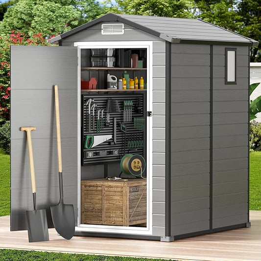 GVDV 4×6 FT Outdoor Resin Plastic Storage Shed with Reinforced Floor, All-Weather Plastic Shed with Lockable Door, Window and Vent, Waterproof Tool Storage for Garden, Backyard, Patio, Tool Storage