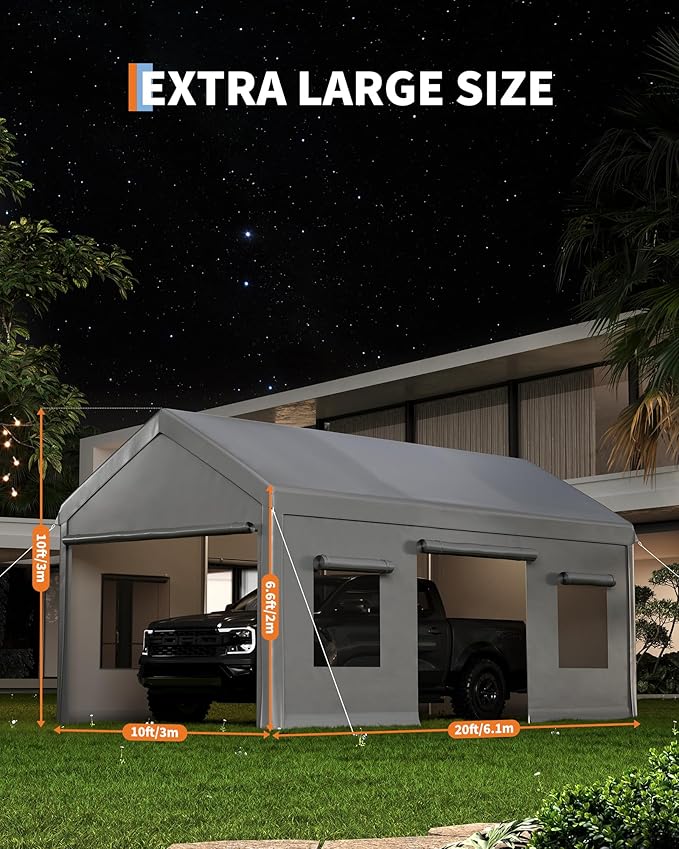 10x20ft Heavy Duty Carport with PE Fabric and Galvanized Steel Frame,Portable Garage with Roll-Up Doors and 4 Windows,Car Canopy with All-Season Tarp for Car, Truck, Boat.
