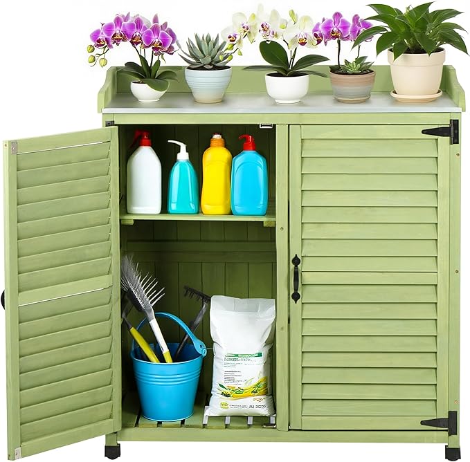 Outdoor Potting Bench with Metal Work Top,Waterproof Garden Storage Cabinet,Wooden Tool Station Shed for Backyard,Patio,Lawn Gardening