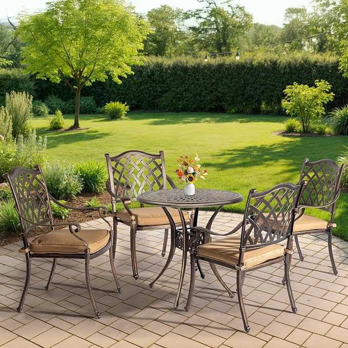 Outvita Patio Side Table, 30.7in Outdoor Round Cast Aluminum Bistro Table with Umbrella Hole and Antique Design for Backyard Porch Pool Balcony Deck Bronze