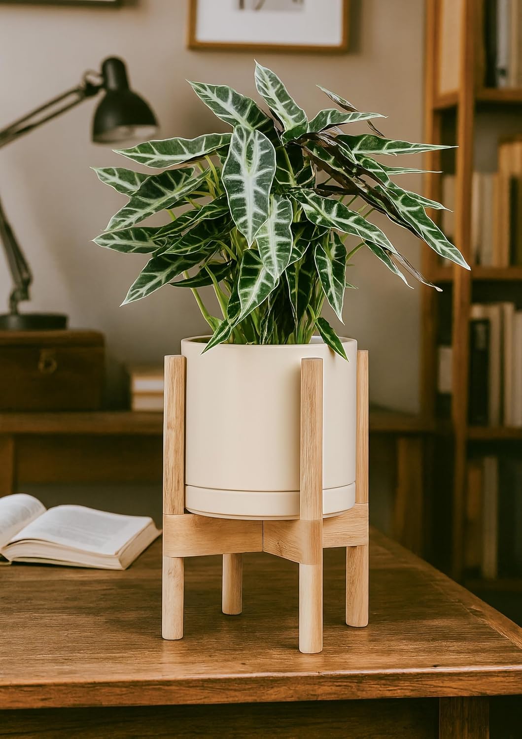 D'vine Dev Ceramic Planter with Natural Stand - 8 Inch Modern Round Flower Pot with Wood Planter Holder, Oatmeal, 55-B-N-8