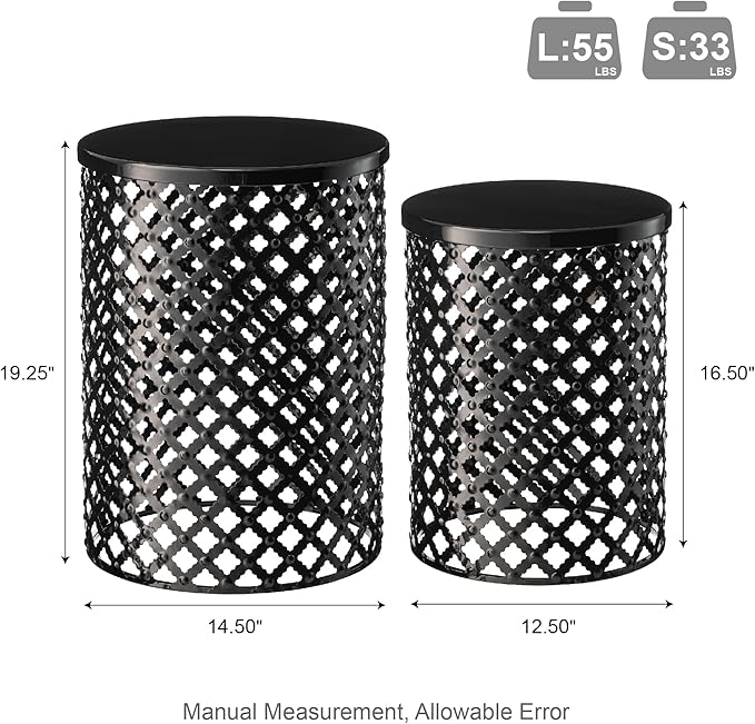 Glitzhome Outdoor Side Table Set of 2, Decorative Garden Stool for Indoor Outdoor Heavy Duty Metal Frame Modern Accent Table, Black