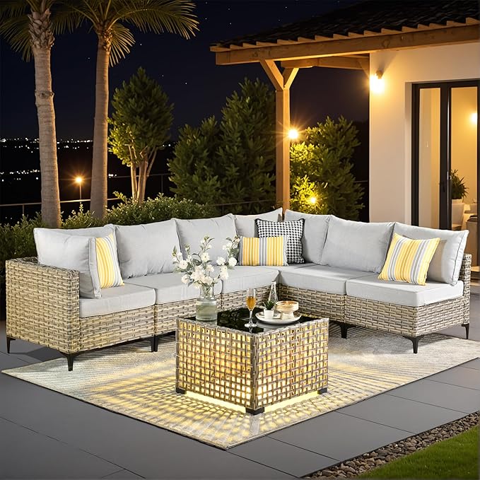 Outdoor Sectional Patio Furniture Set with Glowing Table,7 Pieces Wicker Conversation Sets L Shaped Couch Out Door Sofa Set Outside Furniture for Garden Deck Yard Porch,Grey