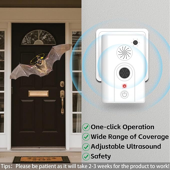 2Pack Upgraded Bat Repellent Deterrent Devices for Attic, Ultrasonic Bat Repellent for Indoor Use, Plug in Bat Deterrent System Bats Keep Away for Home, Friendly to Pet & Human