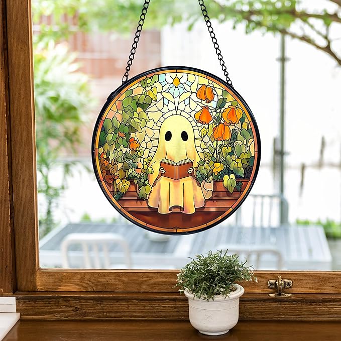TNUW Halloween Ghost Reading Book Stained Glass Window Hanging, Ghost Bookish Flower Sun Catchers Indoor Window Glass Round Wall Art Decor, Book Lovers Gifts Wall Hanging Decorations, 7.9＂x7.9＂
