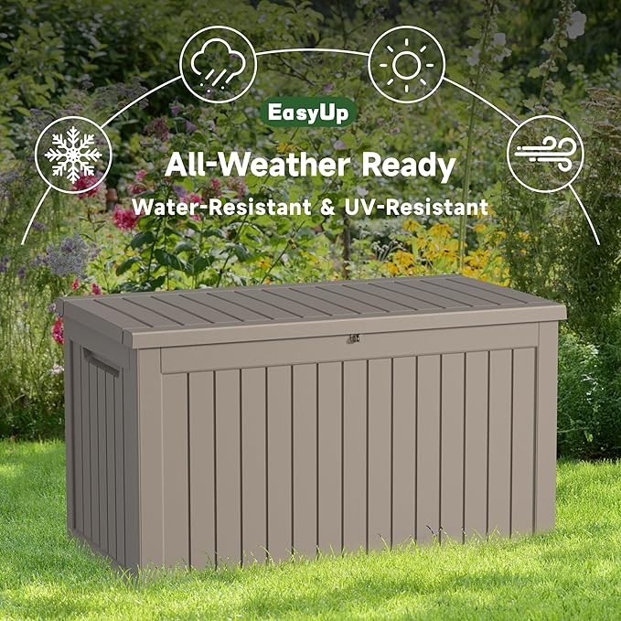 230 Gallon Outdoor Storage Box Waterproof, UV Resistant Resin Deck Box with Hydraulic Rod, Reinforced Stability for Patio, Garden, Striped Gray