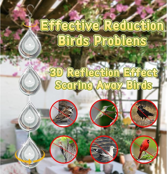 Water Droplets Bird Scare Discs Set-Highly Reflective Double-Sided Bird Reflectors, Extra Sparkly Metal Wind Spinner Outdoor Garden Decor, Decorations to Scare Away Yard Birds