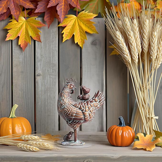 Metal Rooster & Hen with Chicks Garden Sculpture Statue Outdoor Decor Yard Art Chicken Decoration Set Garden Sculptures & Statues for Home Backyard Patio Lawn Decorations