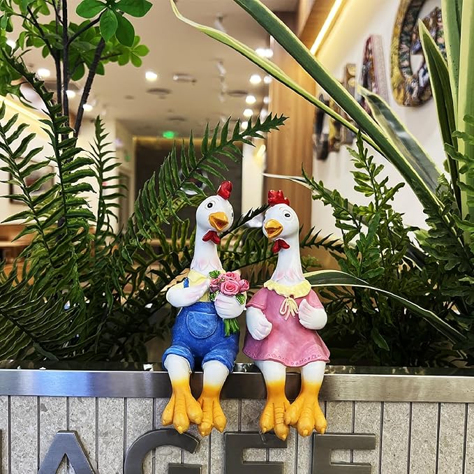 Handside Couple Duck Garden Statues Cartoon Resin Cute Sitting Chicken Sculpture Goose Lovers Figurine Gift Decorations for Yard Home Patio and Office and Wedding (Chicken)